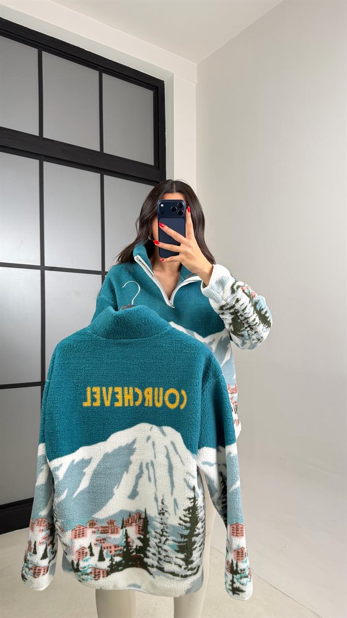 Turkuaz Fermuarlı Desenli Polar Sweatshirt GAUS-00924