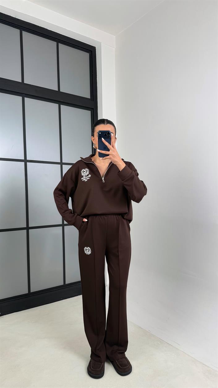 Kahve Fermuarlı Baskılı Sweatshirt Beli Lastikli Eşofman İkili Takım GAUS-00597