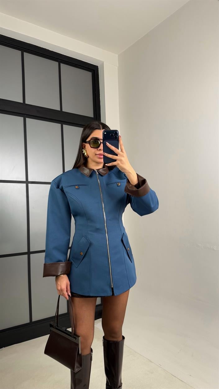 Mavi Deri Yaka Detaylı Astarlı Vatkalı Premium Ceket gaus-01027