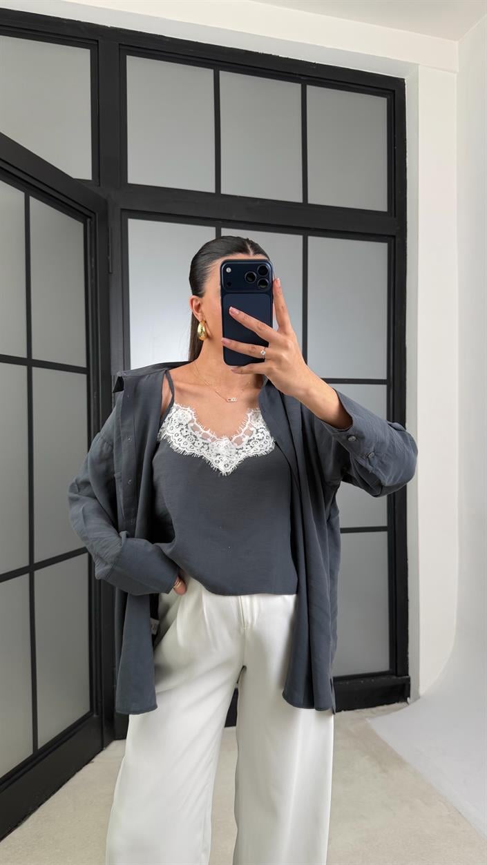 Antrasit Dantel Detaylı Birleşik Atlet Gömlek İkili Tencel Gömlek  GAUS-01181