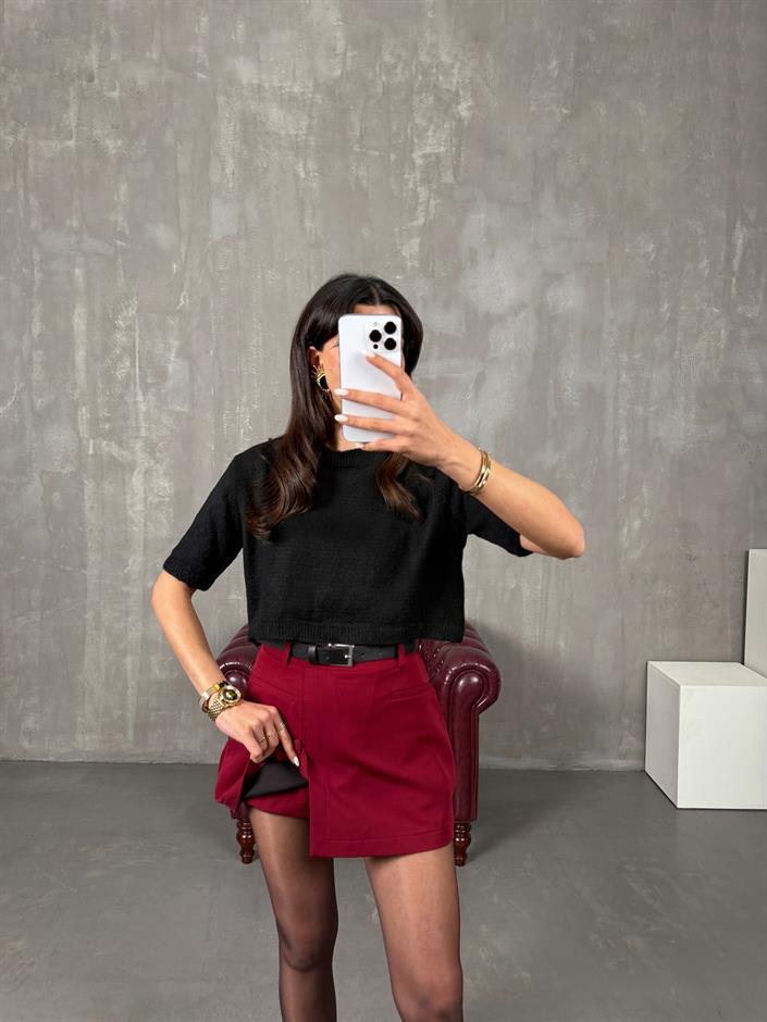 Pastel Bordo Kemerli Şort Etek
