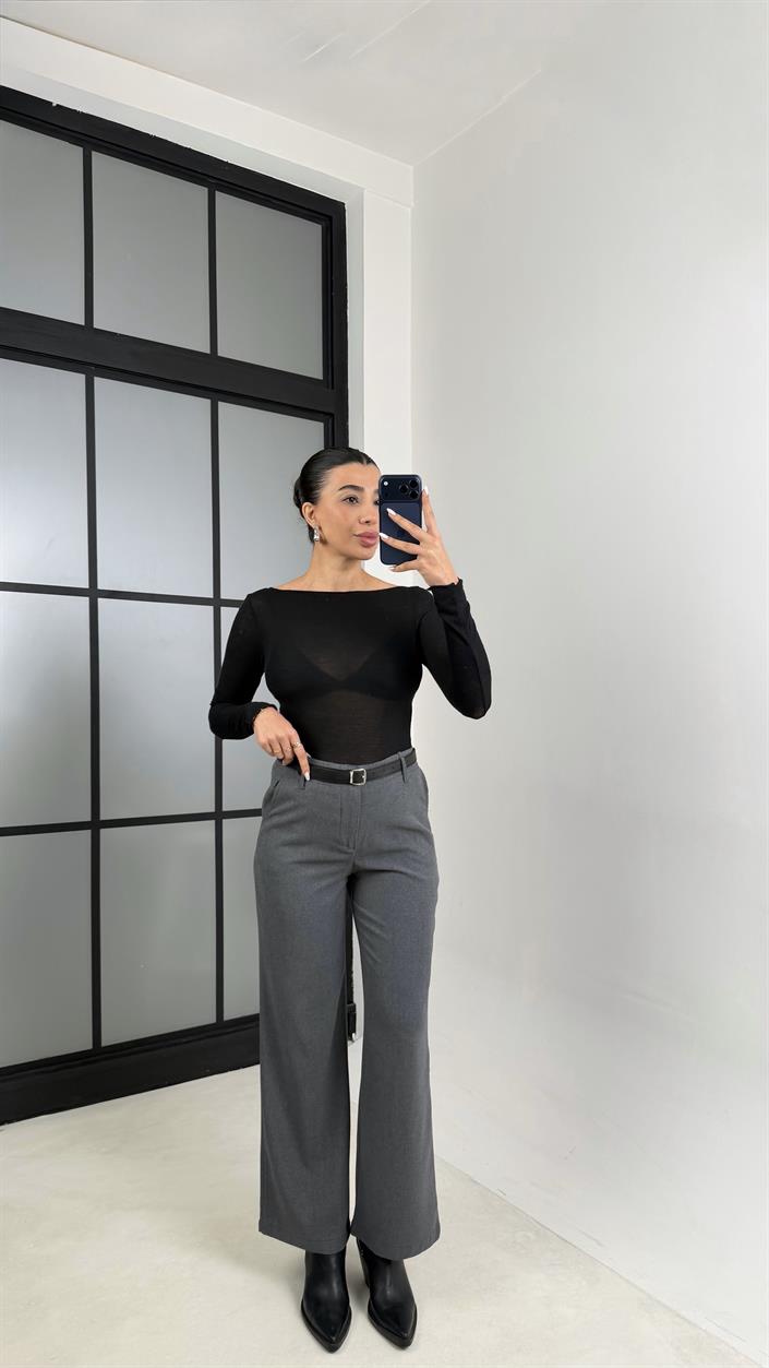 Antrasit Kemerli Paça Detaylı Kumaş Pantolon GAUS-00553