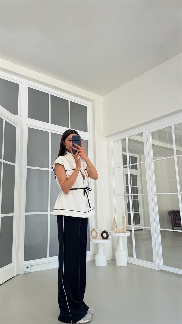 Ekru Kuşaklı Yelek Beli Lastikli Eşofman İkili Modal Takım GAUS-01827