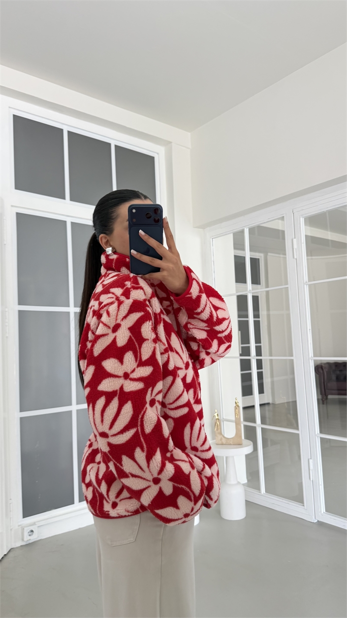 Kırmızı Çiçek Desenli Fermuarlı Polar Sweatshirt GAUS-01915 GAUS-01916