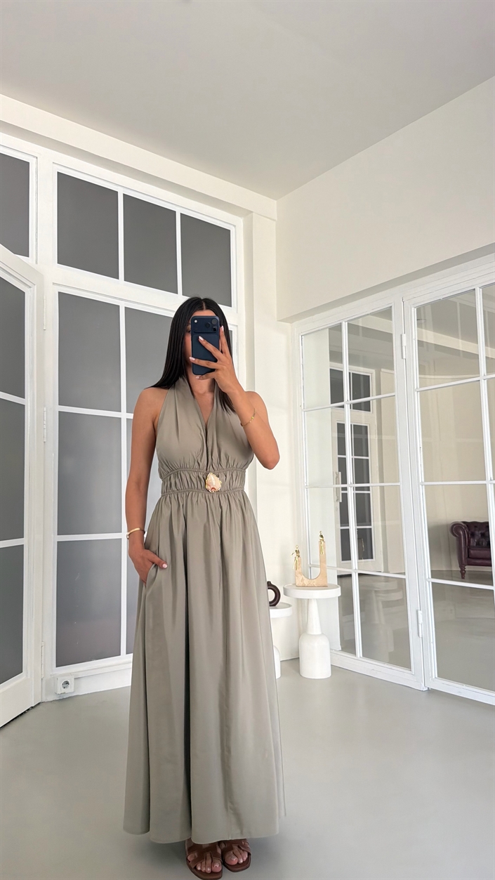 Haki Boyundan Bağlamalı Beli Lastikli Toka Detaylı Cepli Tencel Elbise GAUS-01798
