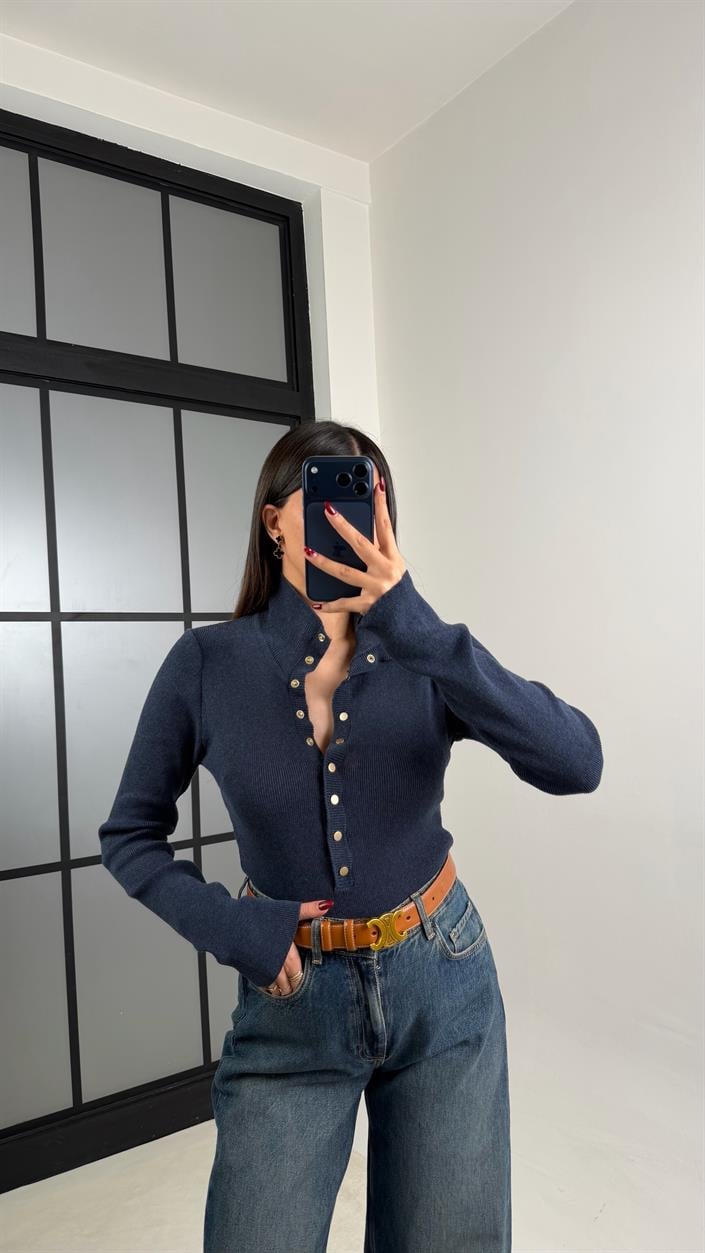 Lacivert Çıtçıt Düğmeli Triko Kazak GAUS-00780