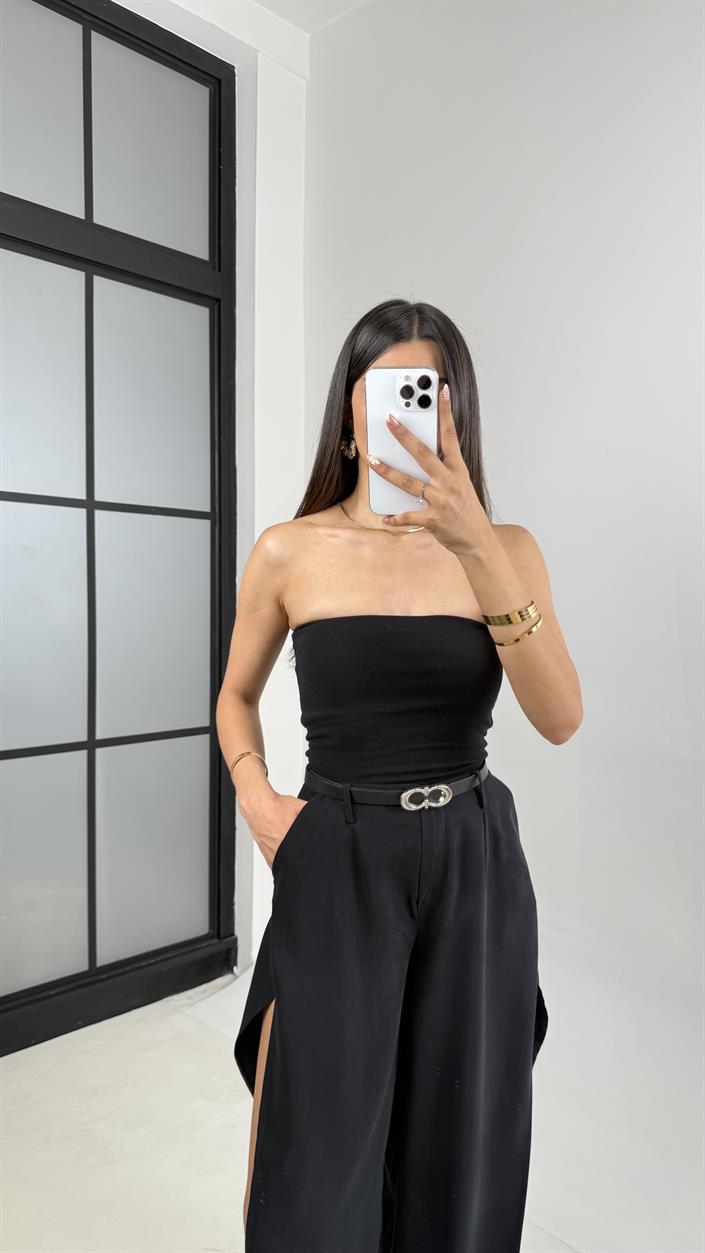 Siyah Yan Yırtmaçlı Kemerli Tencel Pantolon Gaus00639
