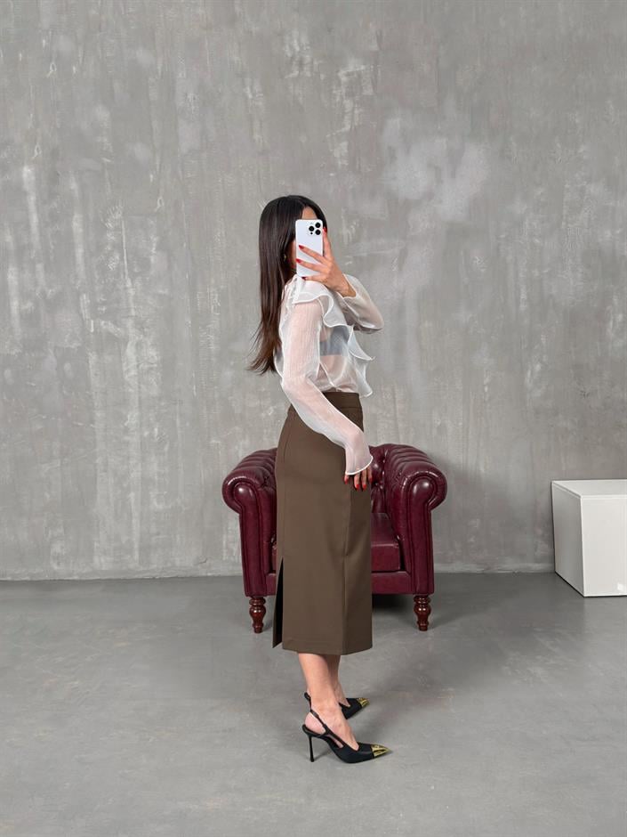 Nalya Kahve ZR Model Yırtmaçlı Kalem Etek
