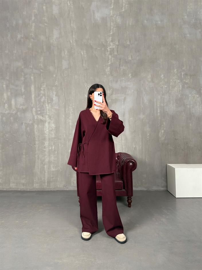Rozali Bordo Gabardin Kimono İkili Takım