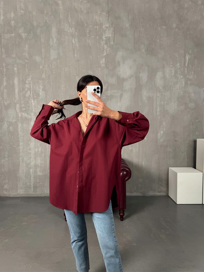 Rese Bordo Basic Gizli Düğmeli Oversize Gömlek