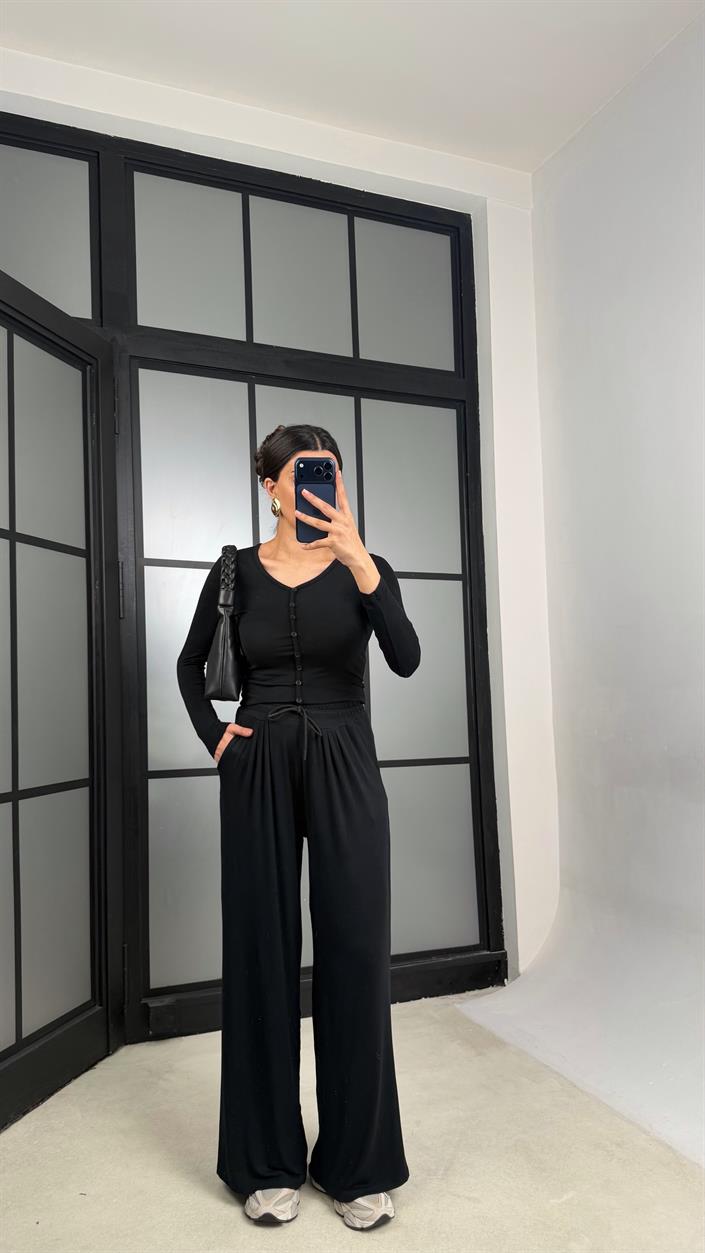 Siyah Düğmeli Bluz Beli Lastikli Eşofman Kaşmir Dokulu Takım GAUS-01333