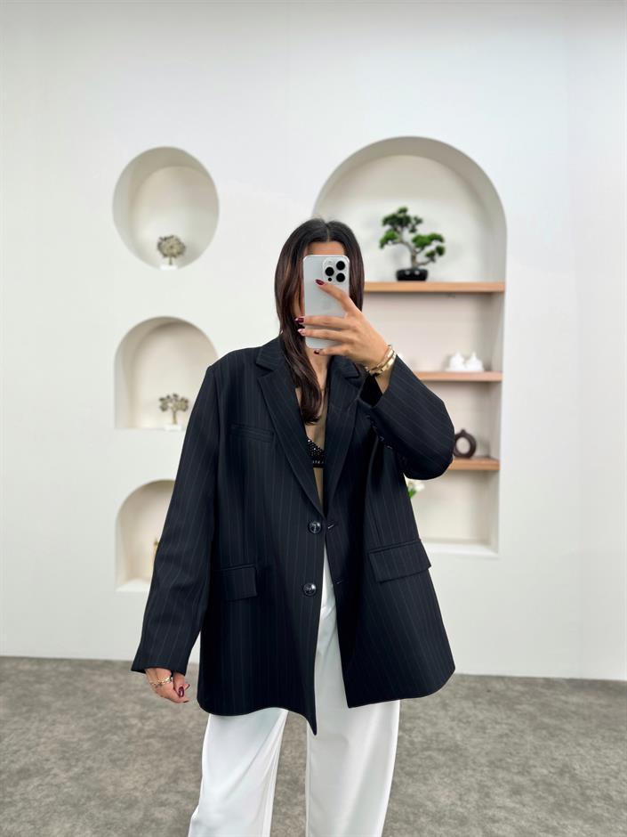 Anna Lacivert Çizgili Astarlı Blazer Ceket