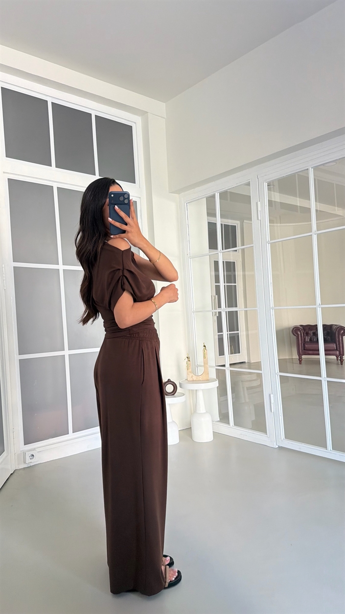 Kahve Kayık Yaka Bluz Beli Lastikli Pantolon İkili Modal Takım GAUS-01718