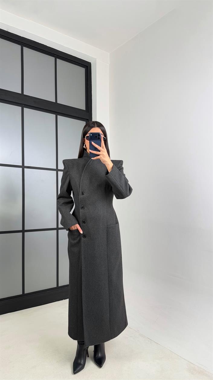 Antrasit Slim Cut Vatkalı Astarlı Önü Düğmeli Kaban GAUS-00835