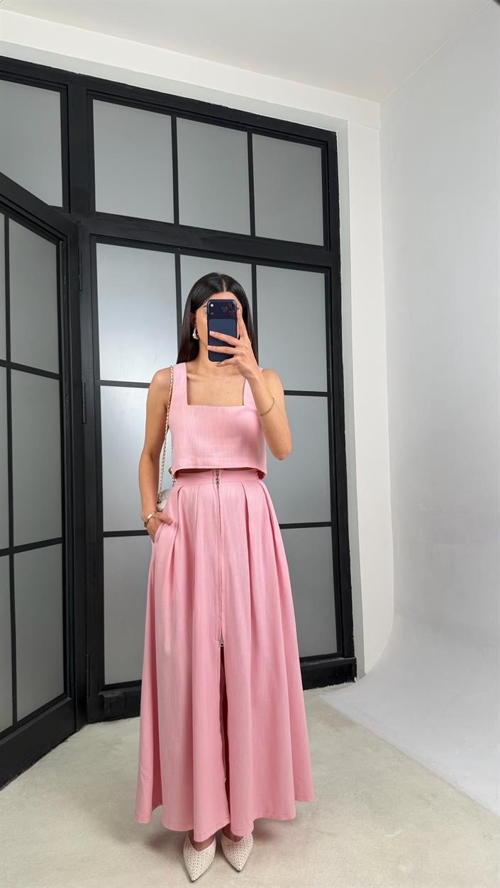 Pembe Crop Fermuarlı Etek İkili Keten Takım GAUS-01437