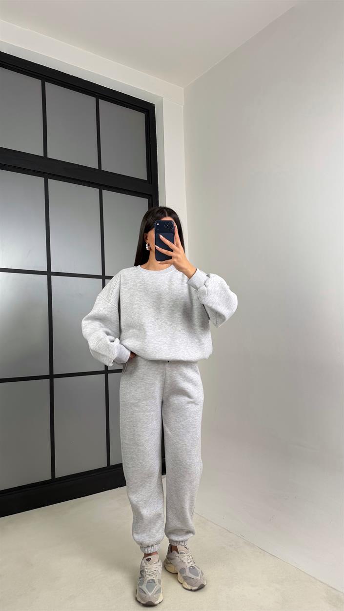 Gri 3 İplik Şardonlu ZR Model Sweatshirt Eşofman Takım GAUS-00809
