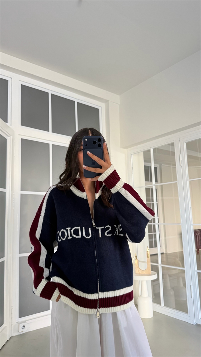 Lacivert Yazı Detaylı Çift Fermuarlı Hırka GAUS-02055