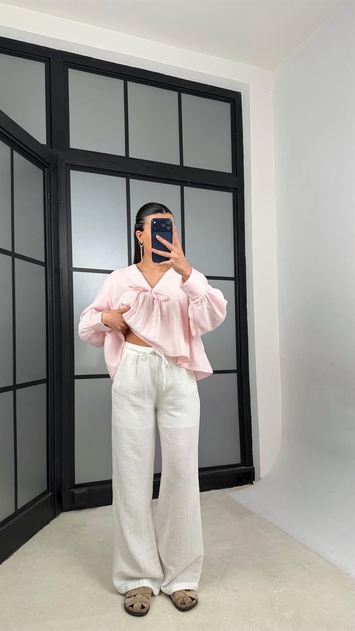 Beyaz Astarlı Beli Lastikli Müslin Pantolon GAUS-01149