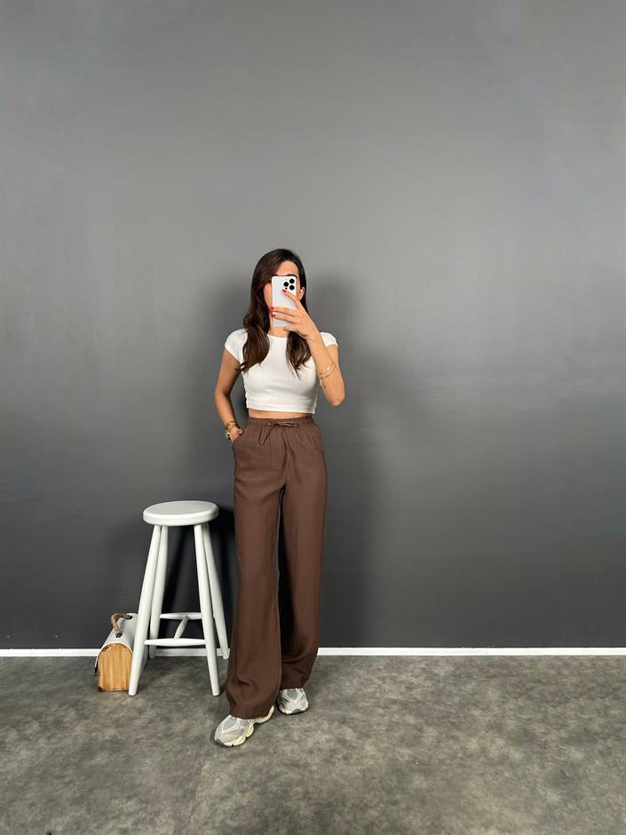 Flay Kahverengi İthal Kumaş ZR Model Bel Bağlamalı Rahat Pantolon