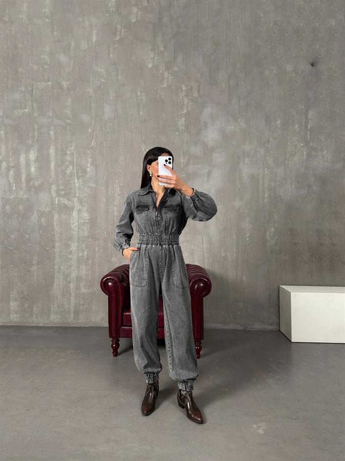 Setre Gri Yıkamalı Önden Fermuarlı Denim Tulum