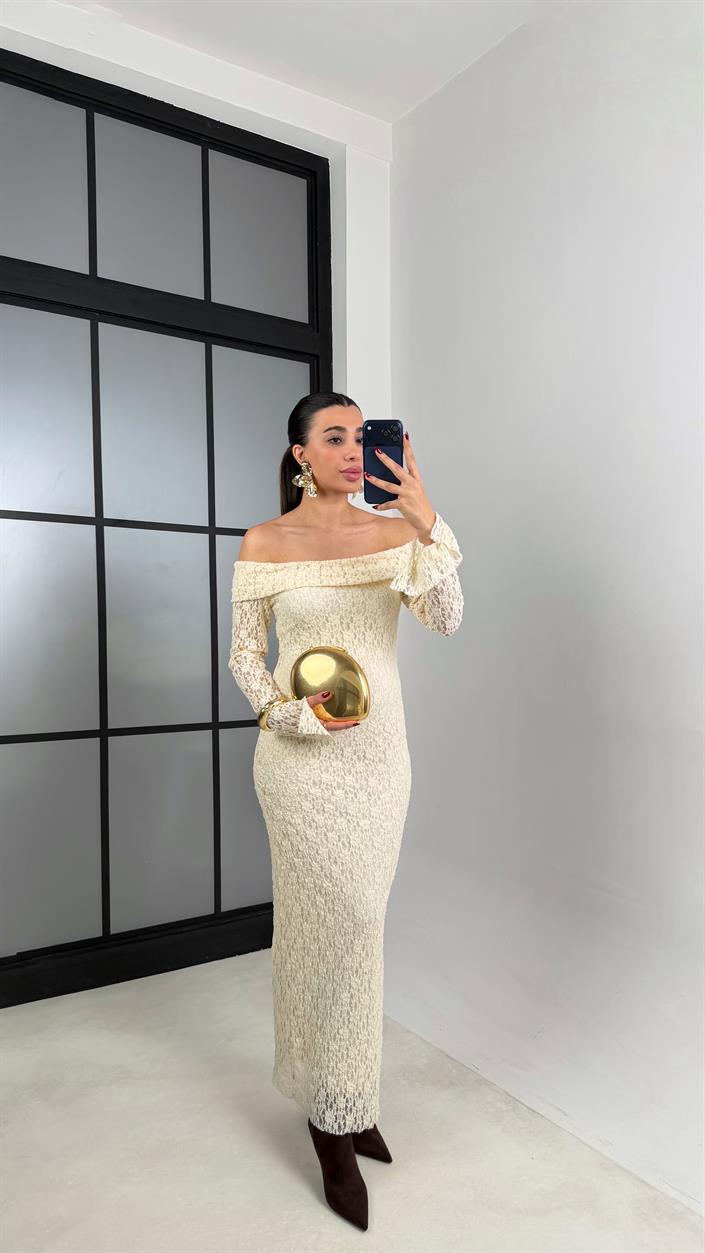 Krem Madonna Yaka Dantelli Astarlı Elbise GAUS-00664