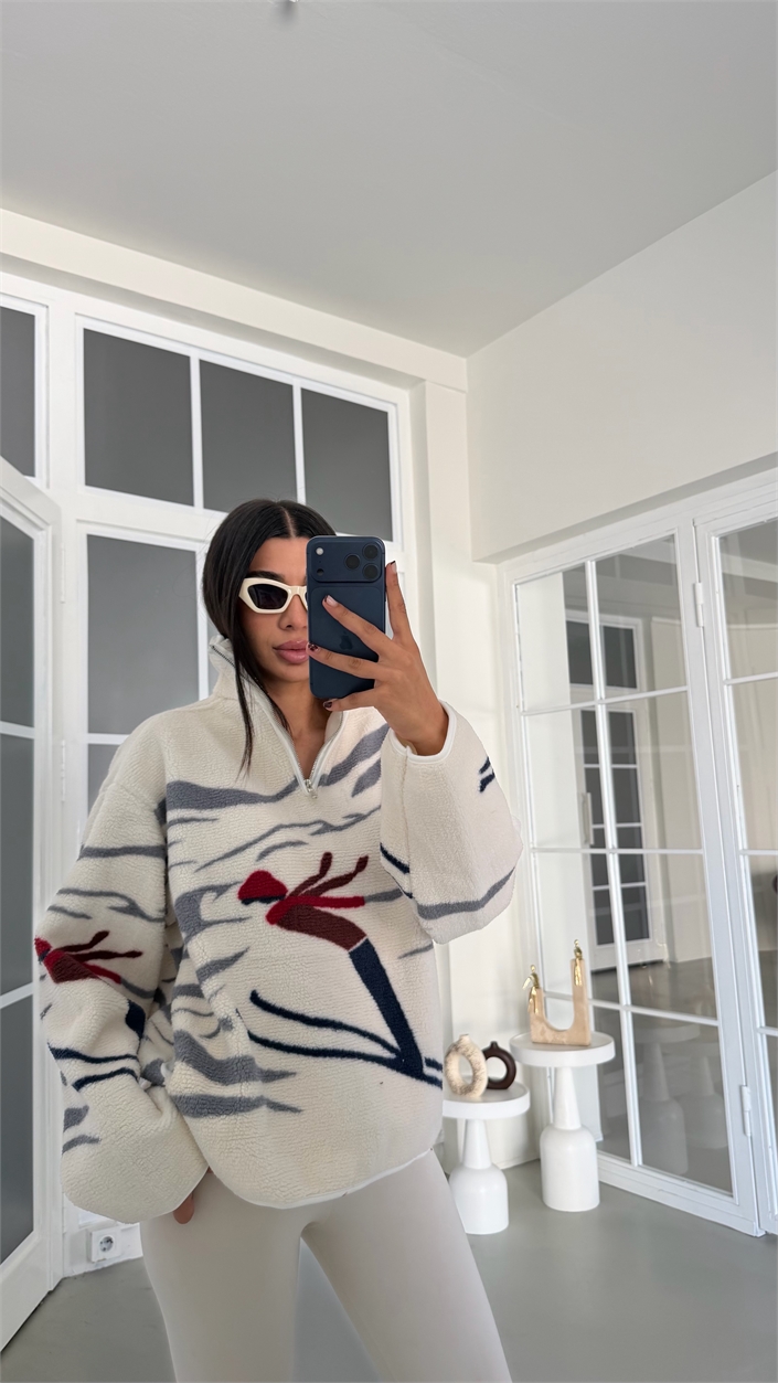 Ekru Kızak Desenli Yarım Fermuarlı Polar Sweatshirt GAUS-01916 GAUS-01931