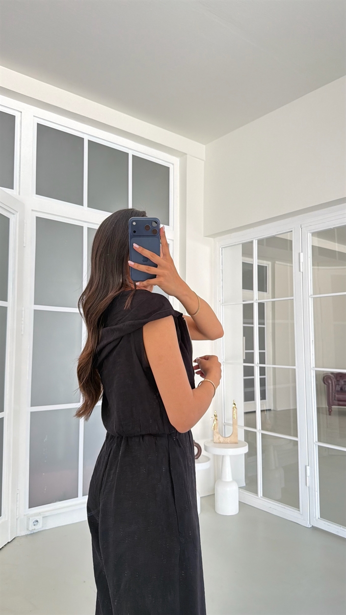 Siyah Kapüşonlu Yelek Beli Lastikli Şalvar Pantolon İkili Takım GAUS-01653
