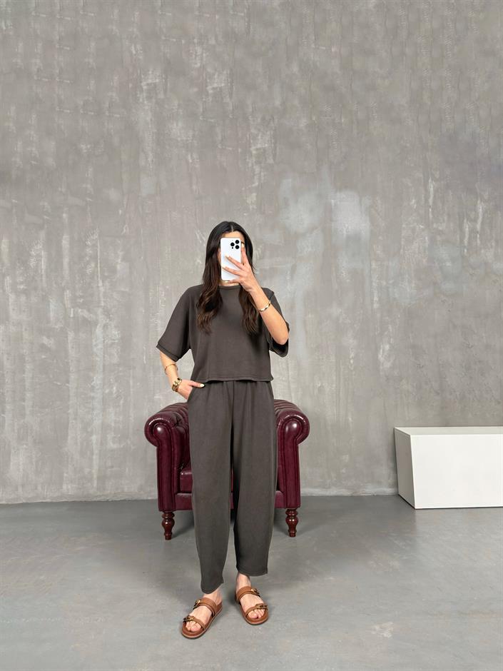 Acı Kahve Bisiklet Yaka Tshirt Pantolon Basic Yıkamalı Modal Takım Gaus00143