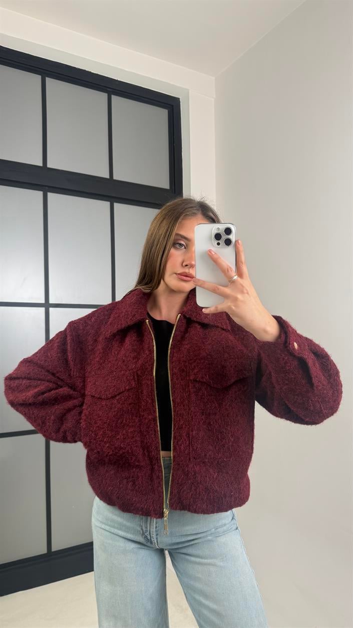 Bordo Astarlı Fermuarlı Muadil Keçe Kumaş Ceket GAUS-00603