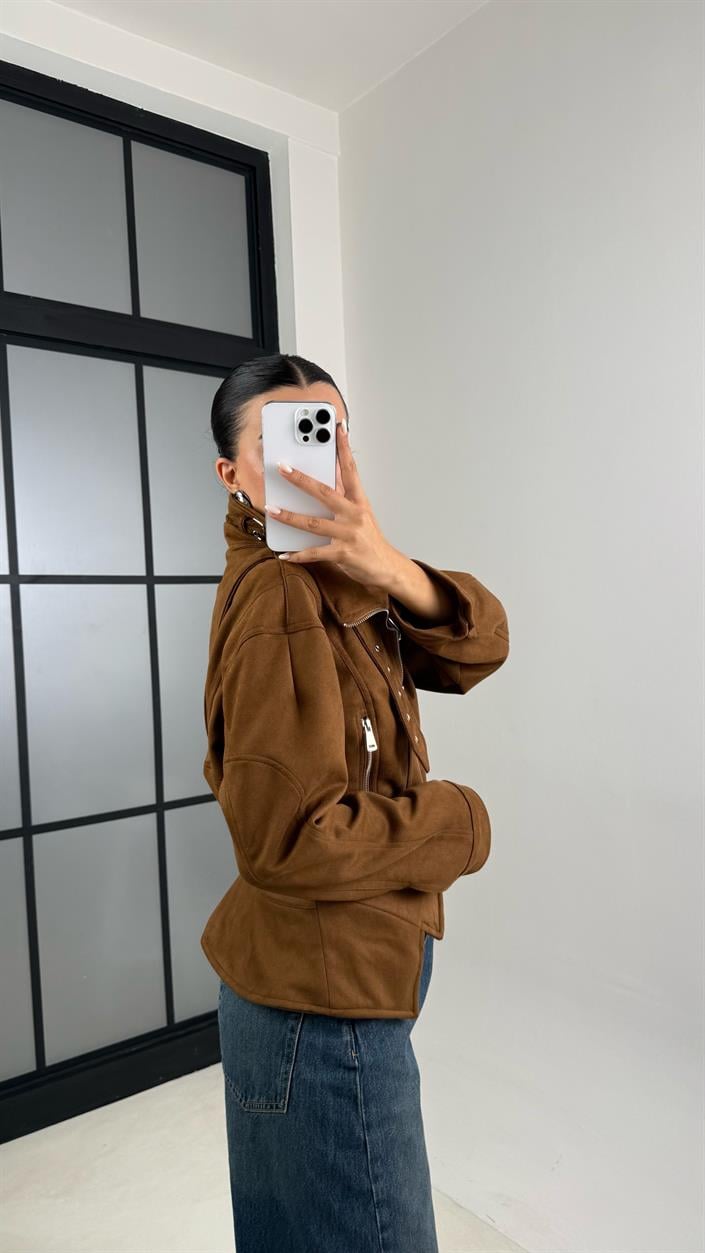 Camel Dik Yaka Kemer Detaylı Premium Süet Ceket GAUS-00519