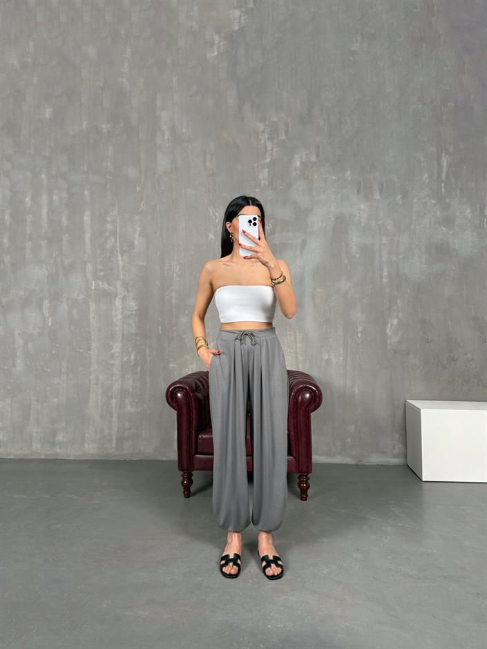 Gri Cepli Modal Muadil Şalvar Pantolon Gaus00207