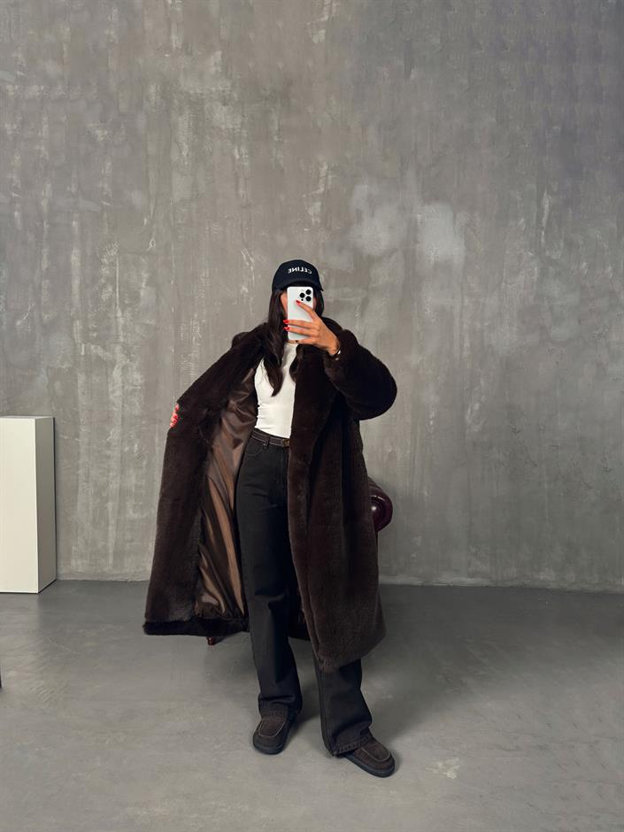 Wody Acı Kahve Astarlı Premium Kürk Kaban 