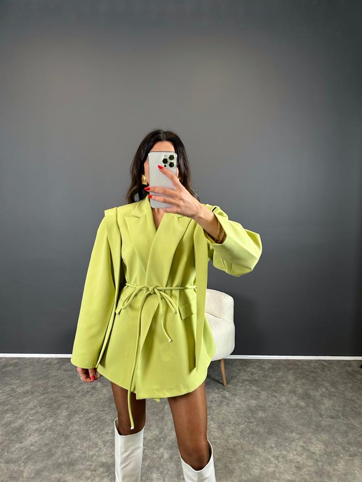 Marisol Premium Yeşil Bağlamalı Astarlı Blazer Ceket