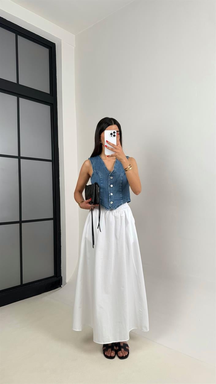 Beyaz Beli Lastikli Cepli Poplin Etek Gaus00485