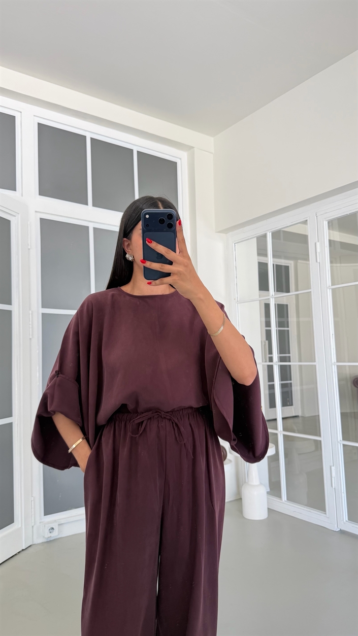 Mürdüm Yarasa Kol Bluz Beli Lastikli Şalvar Pantolon İkili Tencel Takım GAUS-01840