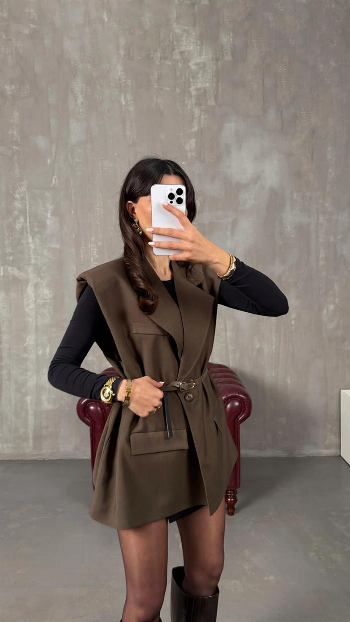 Acı Kahve Astarlı Vatkalı Kemerli Premium Yelek GAUS-01139