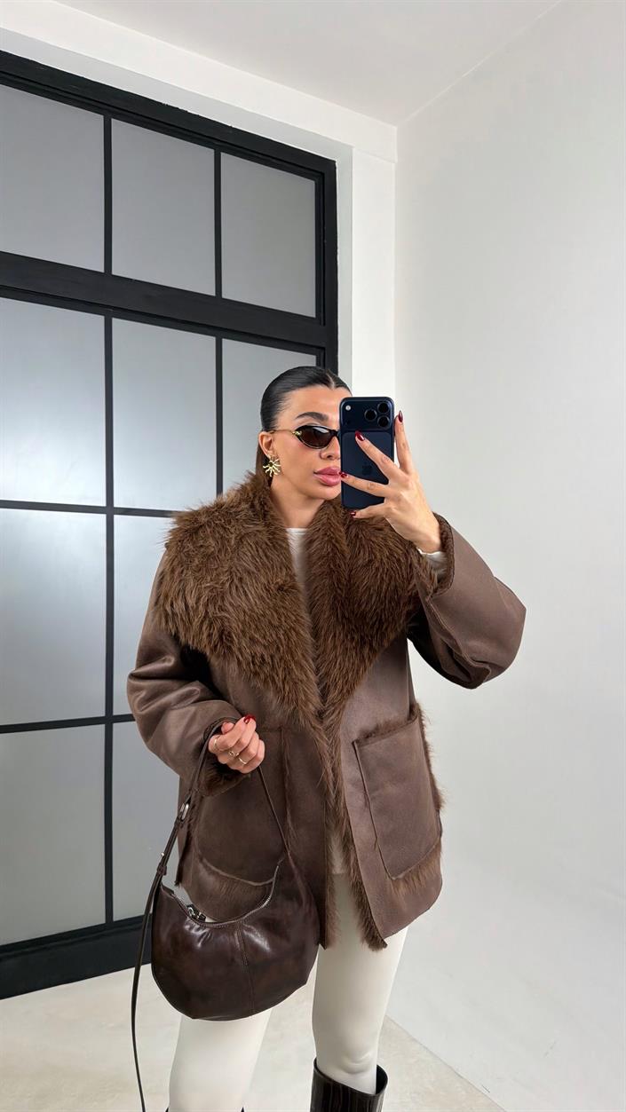 Kahve Çift Taraflı Tasarım Kürk Mont GAUS-00691