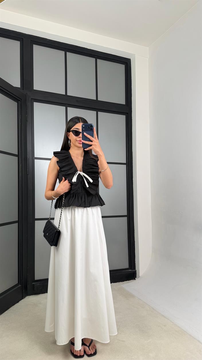 Beyaz Beli Lastikli Poplin Etek GAUS-01526