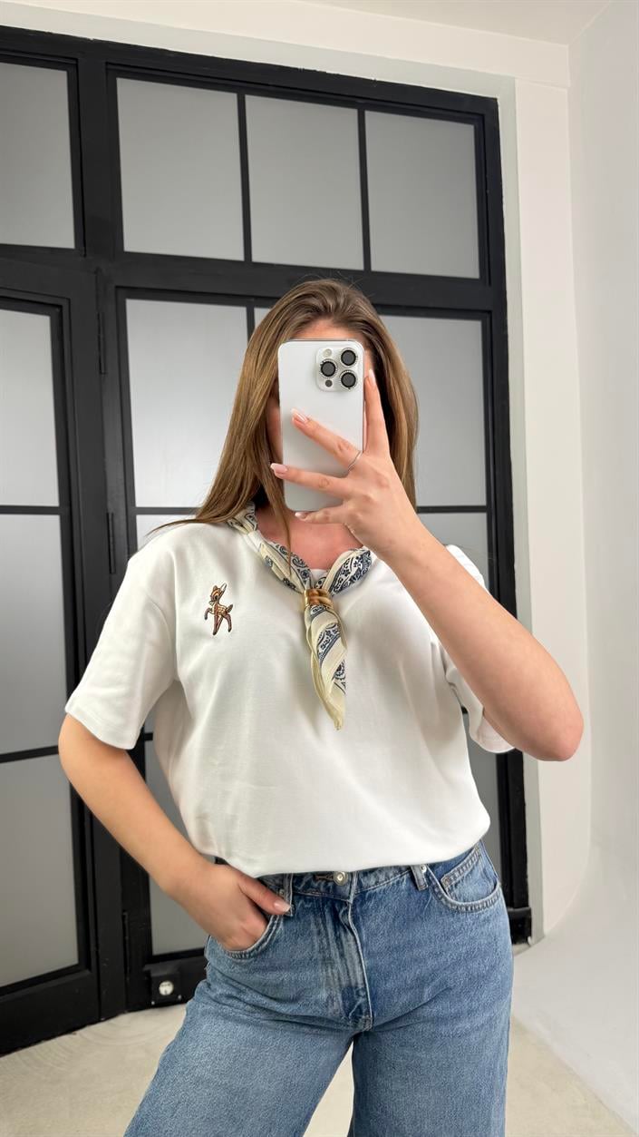 Ekru Fularlı Basic Tshirt GAUS-01179