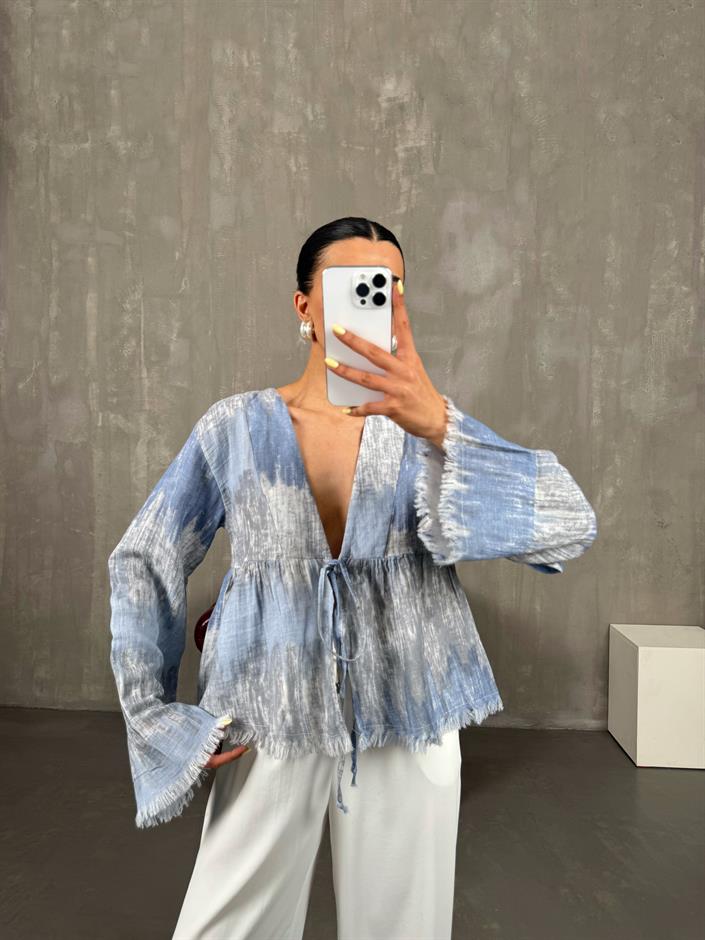 Mavi Önden Bağlamalı Müslin Ebruli Bluz Gaus00088