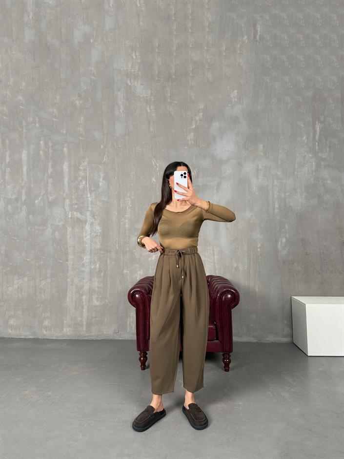 Dona Yağ Yeşili İthal Kumaş Beli Lastikli Jogger Pantolon