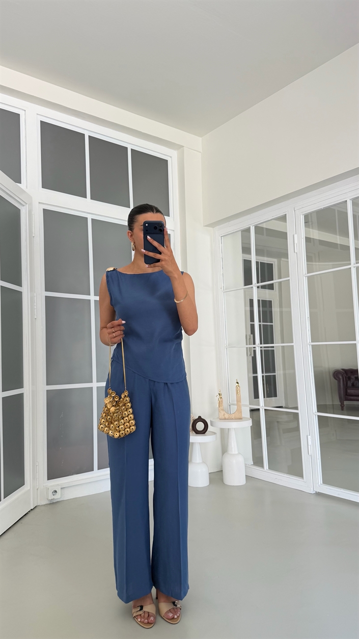 Koyu Mavi Gold Toka Detaylı Bluz Pantolon İkili Tencel Takım GAUS-01825