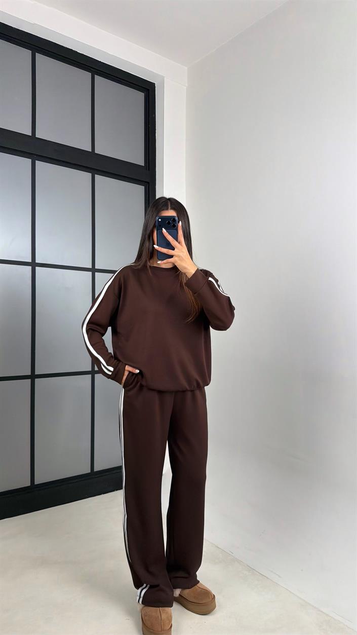 Acı Kahve Şerit Detaylı Sweatshirt Beli Lastikli Eşofman İkili Modal Takım GAUS-00621