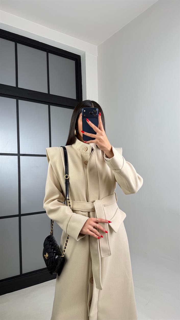 Taş Astarlı Kuşaklı Cep Detaylı Premium Kaşe Kaban GAUS-00963