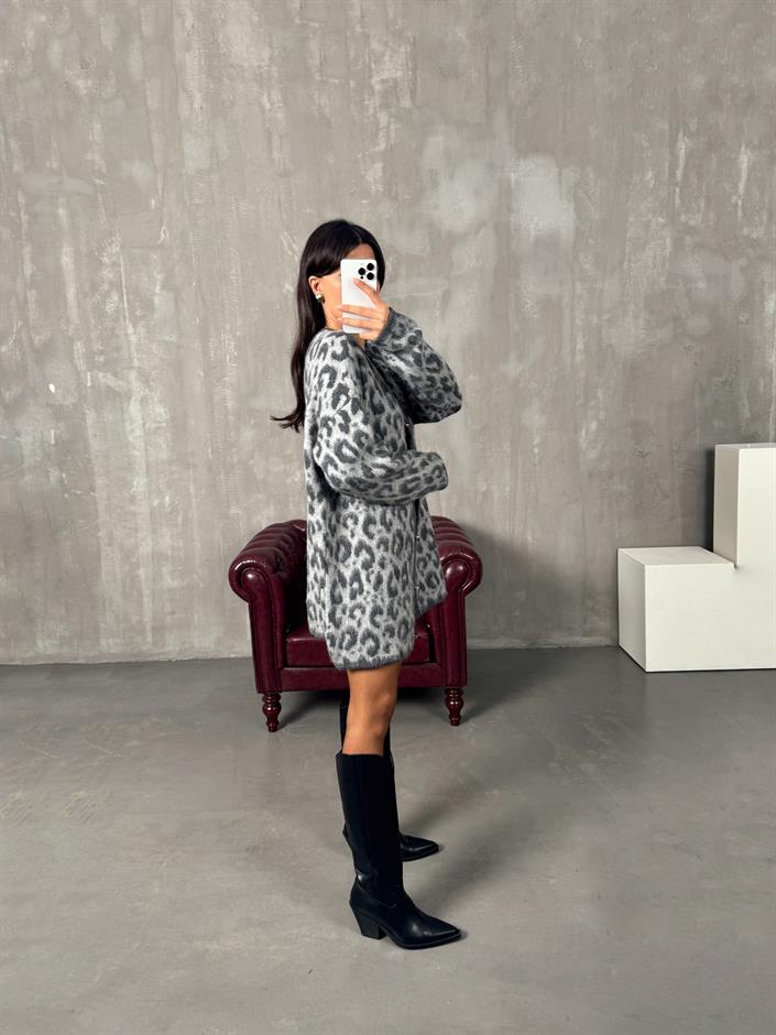 Wud Gri Leopar Desenli Hırka