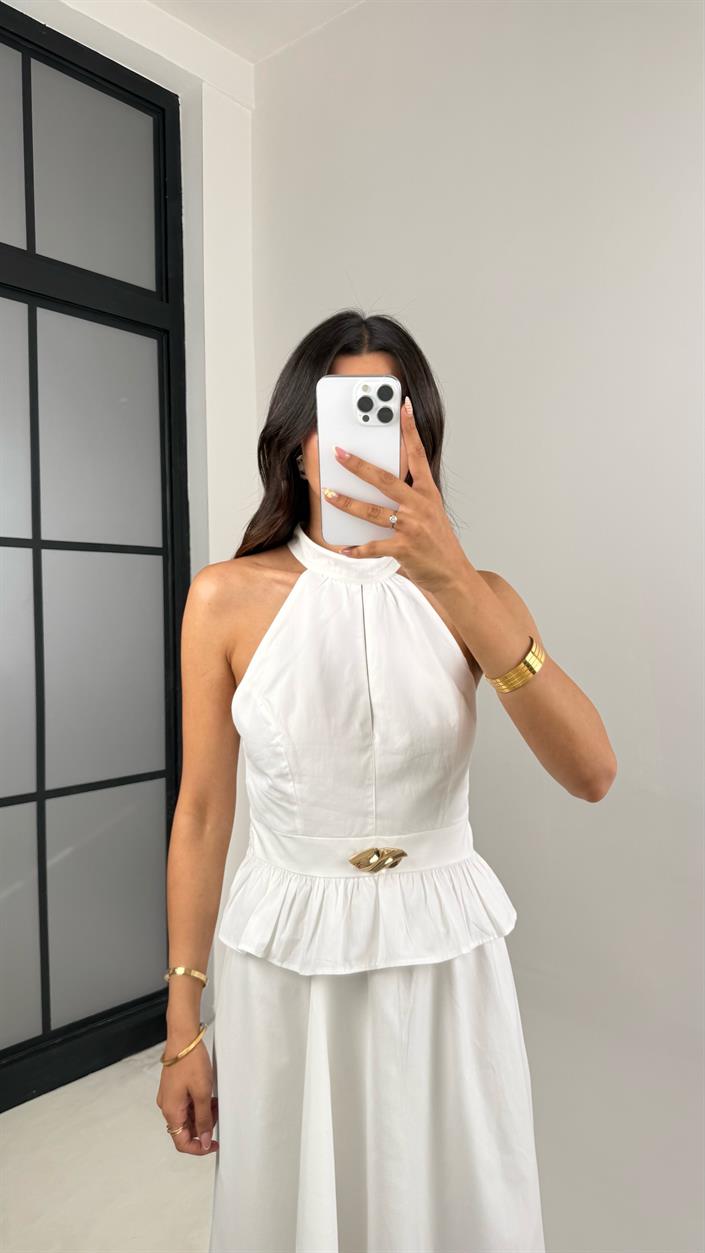 Beyaz Gold Toka Detaylı Bluz Beli Lastikli Etek İkili Takım Gaus00678