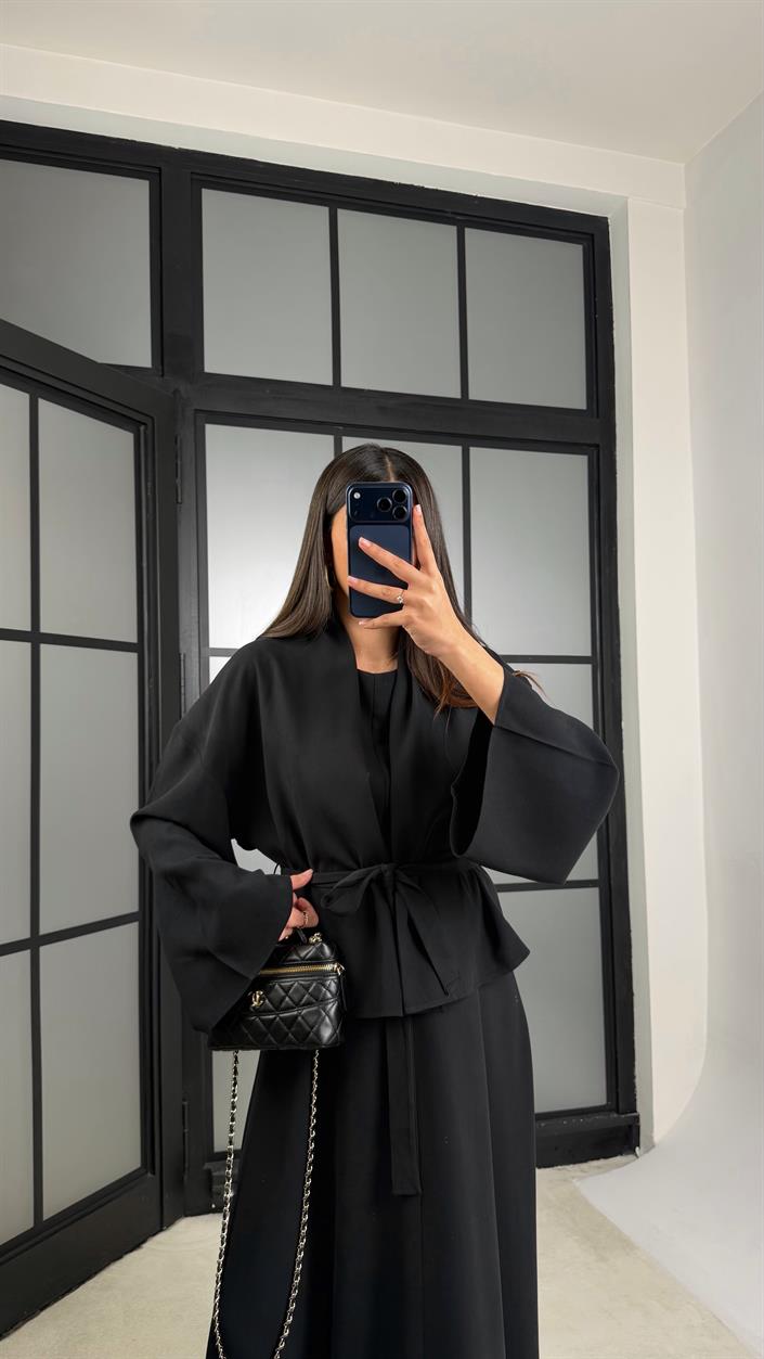 Siyah Kuşaklı Ceket Elbise Premium Tencel Takım GAUS-01165