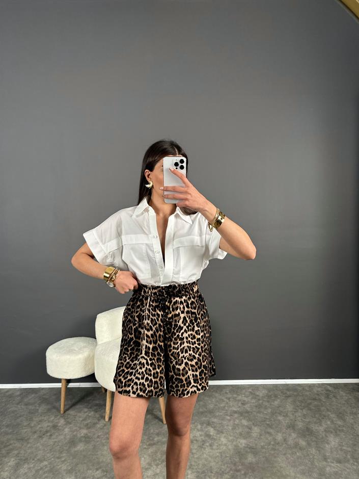ZR Model Leoparlı Beli Lastikli Cepli Şort 