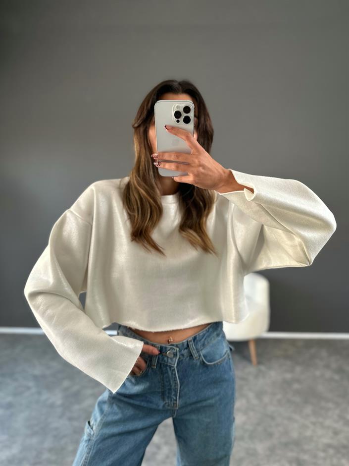 Beyaz Parlak Crop Şardonlu Sweat