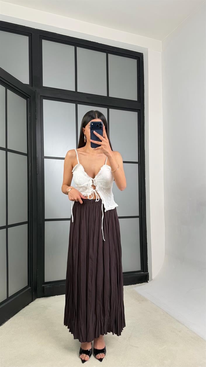 Mürdüm Beli Lastikli Kırışık Kumaş Etek GAUS-01320